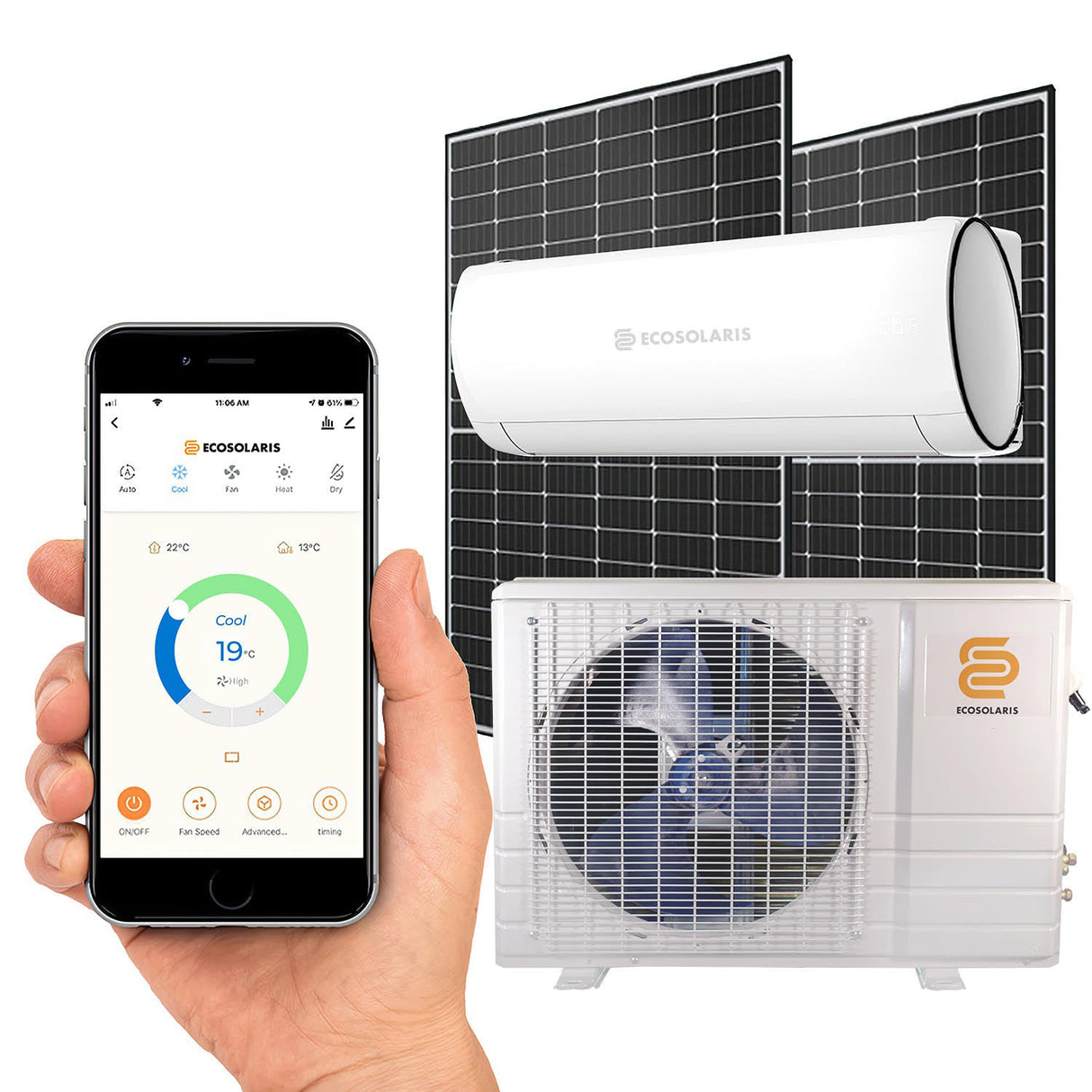 ECOSOLARIS Kit Mini-Split Solaire Hybride 12 000 BTU + 1000 Watts de PV Solaire—Thermopompe et climatiseur certifié Energy Star
