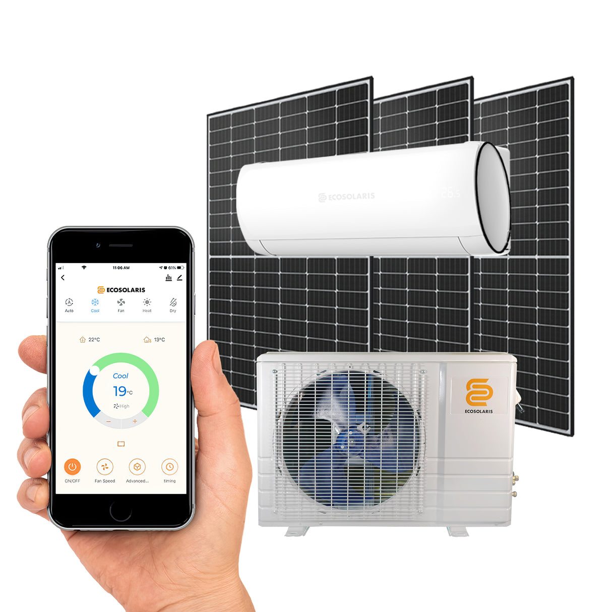 ECOSOLARIS Kit Mini-Split Solaire Hybride 12 000 BTU + 1335 Watts de PV Solaire—Thermopompe et climatiseur certifié Energy Star