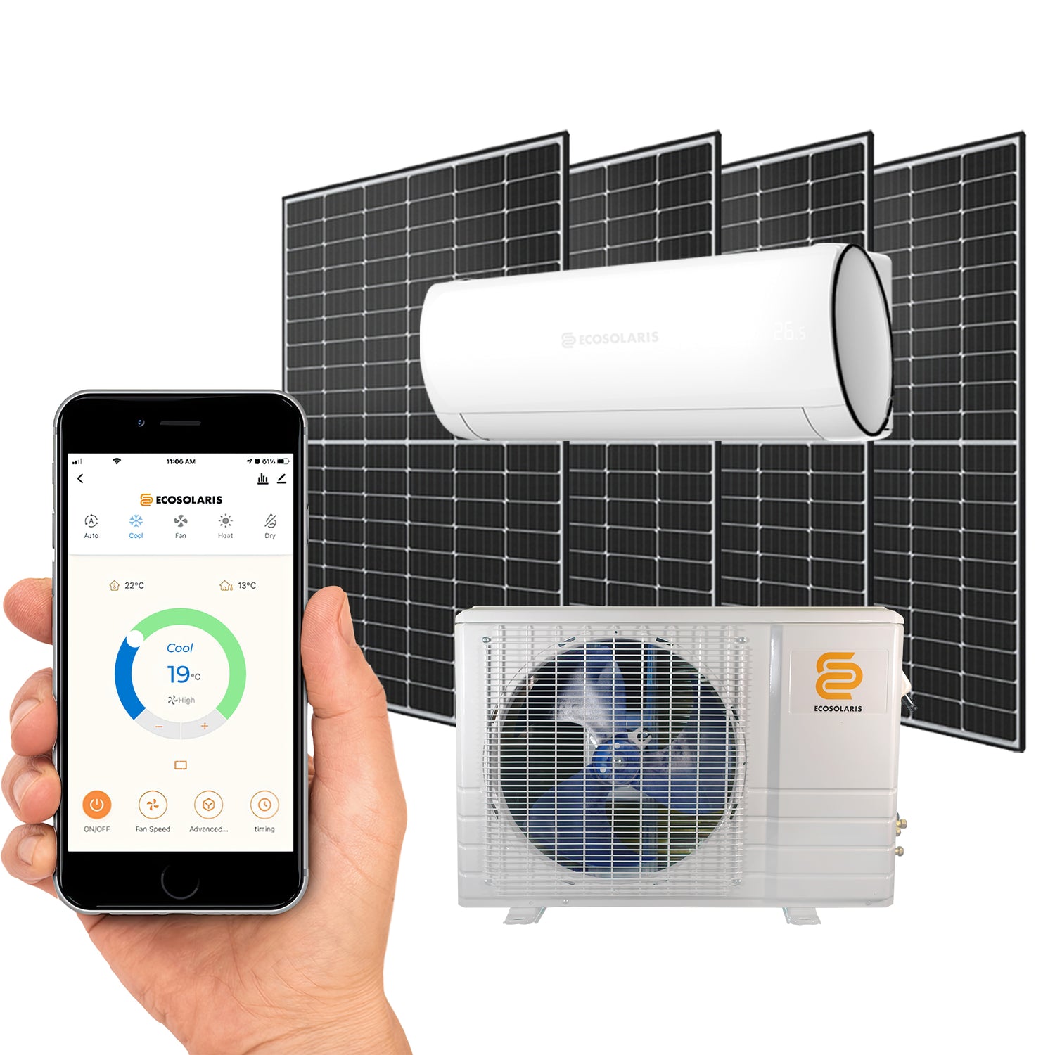 ECOSOLARIS Kit Mini-Split Solaire Hybride 18 000 BTU + 1780 Watts de PV Solaire—Thermopompe et climatiseur certifié Energy Star