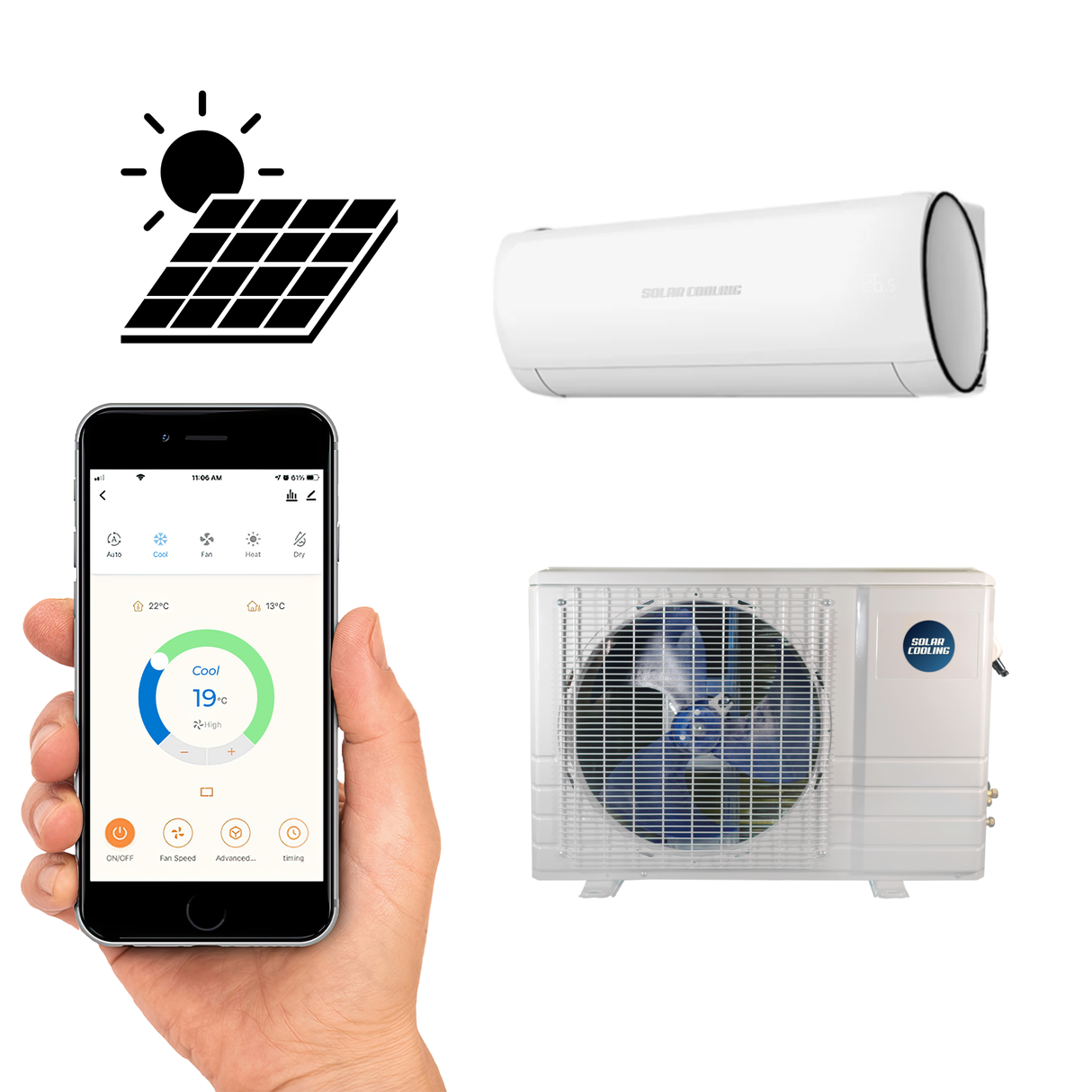 Thermopompe et climatiseur mural solaire hybride SOLAR COOLING 18 000 BTU — Certifiée Energy Star — SEER2 21,7